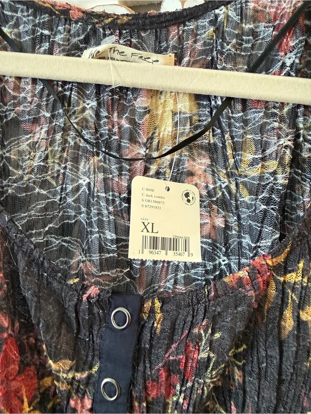 NWT Free People Angelina Crop Button Down Long Sleeve Top Black w Floral XL